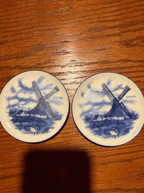 Blue and White Windmill Ceramic Coasters - Set of 2